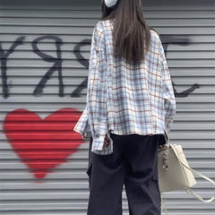 LIZAKOSHT - Polo Collar Single-breasted Loose Casual Long Sleeve Shirt Women 2024 Autumn New High Street Contrast Color Plaid All Match Tops