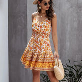 LIZAKOSHT - Women Casual Floral Strap V-neck Sexy Backless Dresses New Summer Female Sling Boho Sleeveless Elegant Evening Party Beach Dress