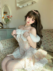 LIZAKOSHT - Japan Short Lolita Pink Castle Love Letter Lace Design Feeling One Shoulder Bow Splice Waist Closing Dress Women New