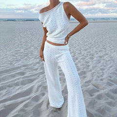 LIZAKOSHT - Casual Sleeveless Hollow Backless Tie-up Sets Elegant Slant Neck Tops & Long Pant Suits Women Fashion Knitted Solid 2Pc Outfits