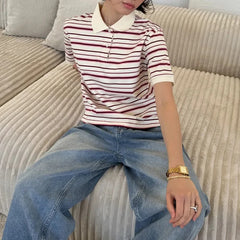 LIZAKOSHT - Women Summer Short Sleeve T Shirts Polo Neck Striped Design 95% Cotton Tees Summer Tops For Women Clothes