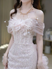 LIZAKOSHT - Luxury Off the Shoulder Prom Dresses Trailing Applique Beading Mermaid Tiered Floor Length Woman Pink Elegant Evening Gowns