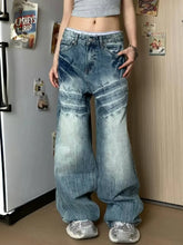 LIZAKOSHT  -  Y2K Vintage Lightning Pattern Blue Washed Jeans Women Streetwear Hip Hop Loose Casual Fashion High Waist Straight Wide Leg Jeans