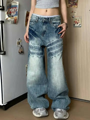 LIZAKOSHT  -  Y2K Vintage Lightning Pattern Blue Washed Jeans Women Streetwear Hip Hop Loose Casual Fashion High Waist Straight Wide Leg Jeans