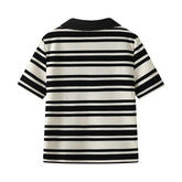 LIZAKOSHT - Black and White Striped Loose Short-sleeved T-shirt V-neck Pullover Bottoming Casual Shirt Summer New Style