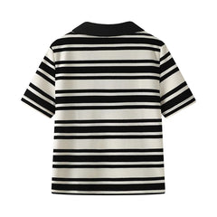 LIZAKOSHT - Black and White Striped Loose Short-sleeved T-shirt V-neck Pullover Bottoming Casual Shirt Summer New Style