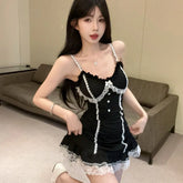LIZAKOSHT - Pure and Fashionable Slim Lace Sling Suspender Female Waisted Ruffle Mesh Splicing Dress