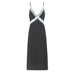 LIZAKOSHT - Retro French Style Black white Polka Dot Print Spliced Lace V Neck Chest Sling Midi Dress Women Backless Dresses Vestidos Femme