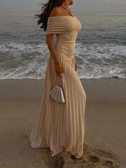 LIZAKOSHT - One Line Collar Strapless Pleated Long Dress Solid Color Sleeveless Splice Elegant Lady Dresses Summer Female Beachwear Vestidos