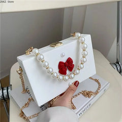 LIZAKOSHT - Pearl Bow Small Square Bag Women's Beaded Box Bag Female Handbag Crossbody Bag Mobile Phone Shoulder Bag
