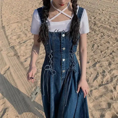 LIZAKOSHT - Denim Strap Dress Waist Women'S Dress Summer New Retro Slimming Length Age Reducing Small A-Line Skirts Women'S Clothing