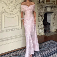 LIZAKOSHT - Pink Off Shoulder Big Bow Mermaid Maxi Dresses Floral Embossed Satin Slim Floor Length Formal Wedding Guest Evening Party Gown