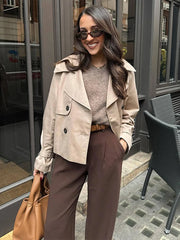 LIZAKOSHT - Lapel Loose Solid Women Jacket Full Sleeve Double Breasted Lady Coat Autumn Winter Casual Pocket All Match Female Outwear