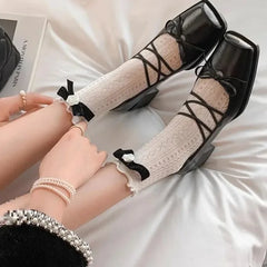 LIZAKOSHT - Mary Jane Flat Heels Retro Style Women's Shoes Spring Autumn Sweet Cool Butterfly Knot High Heels Comfortable Rubber