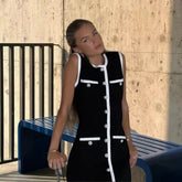 LIZAKOSHT  -  Luxury Design Button Black Mini Dress Women Summer Dresses O-neck Sleeveless Sexy Slim Evening Party Gowns Office Lady Dresses