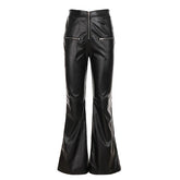 LIZAKOSHT - Women Fashion Black PU Leather Slim Flare Pants Zippers High Waist Peach Hips Stretch Boot Cut Skinny Trousers Casual Streetwear