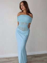 LIZAKOSHT  -  Elegant Sexy Long Dress Women Off Shoulder Hollow Out Sleeveless Patchwork Mesh Robe Female 2025 Spring Summer Chic Solid Robe