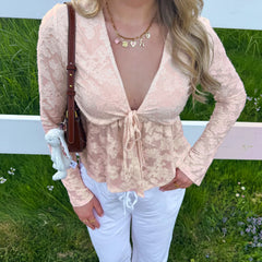 LIZAKOSHT - Pink Sweet Cute V-Neck Bow Tie T-Shirt Casual Lace Long-Sleeve Top Autumn Clothing For Women Chic Streetwear Outfits