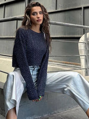 Lizakosht Dark Grey Retro Women's Knitted Jumper Pulloer Long Sleeve Loose Fashion Cropped Top Sweater Autumn Chic Casual Lady Streetwear