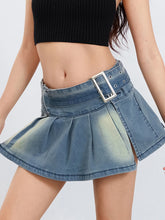 LIZAKOSHT - Retro Low waist Denim Mini Skirts Women's Short A-Line Pleated Skirt with Belt Streetwear Aesthetic Clothes Jeans Skirt