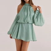 LIZAKOSHT - Sexy Hang Neck Flared Sleeve Beach Holiday Dress Elegant Solid Irregular High Waist Dress Temperament Pleated Off Shoulder Dress