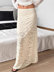 LIZAKOSHT - Elegant Flower Lace Women Skirt Solid Color Casual Hollow Out Women Long Skirts New Summer Fashion Retro Beach Ladies Skirts