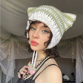 Lizakosht Japanese Cute Devil's Ears Beanies Women Autumn Winter Lolita Crochet Hat Y2k Striped Warm Knitted Hat Strawberry Pompom Hats