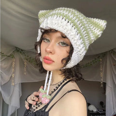Lizakosht Japanese Cute Devil's Ears Beanies Women Autumn Winter Lolita Crochet Hat Y2k Striped Warm Knitted Hat Strawberry Pompom Hats