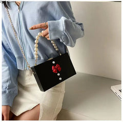 LIZAKOSHT - Pearl Bow Small Square Bag Women's Beaded Box Bag Female Handbag Crossbody Bag Mobile Phone Shoulder Bag