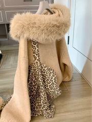 LIZAKOSHT - Women Hooded Crop Knitted Cardigan Autumn Winter Loose Lazy Wind Casual Sweater Fur Collar Patchwork Soft Female Preppy Outwear