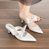 LIZAKOSHT - Silver Mules Women's Ribbon Bowknot Silk High Heels Slippers Pointed Toe Kitten Tacones Femme Party Wedding Shoes Ladies Sandals