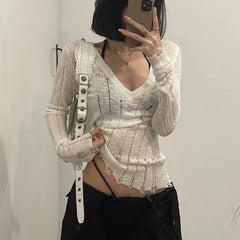 LIZAKOSHT - Coquett Y2K Women's Knit Sweater Hollow Out Knitwear V Neck Pullovers Spring See Through Jumper Harajuku Fashion Grunge