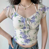 LIZAKOSHT - European and American Style Printed Mesh V-neck Short Sleeved T-shirt, Summer Slim Fit, Waistband, Hanging Neck Short Top