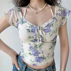 LIZAKOSHT - European and American Style Printed Mesh V-neck Short Sleeved T-shirt, Summer Slim Fit, Waistband, Hanging Neck Short Top