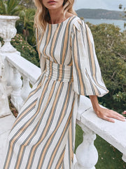 LIZAKOSHT - Women Fashion Midi Dress Vintage Striped Print Contrasting Lantern Sleeve Backless Tie-up Waist A-Line Dress Casual Streetwear