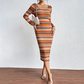 LIZAKOSHT  -  Autumn Winter Fashion Wavy Color Strip Slimming Long Sleeve Dress