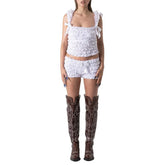 LIZAKOSHT - Fashion Pleated Women's Two Piece Suit O-neck Sleeveless Backless Top Loose Bow Short Pants 2025 Summer Female Causal Outfits