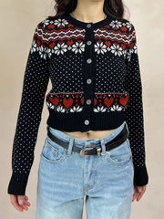 LIZAKOSHT - Geometric Jacquard Sweater Cardigan Woman O-neck Long Sleeve Slim Crop Top Female Casual Vintage Sweet Sweaters Autumn New Coat