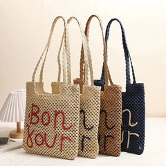LIZAKOSHT - Women Fashion Letter Embroidered Shoulder Bag Hollow Grass Woven Beach Bags Vacation Handbag