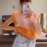 LIZAKOSHT - Fall Hand-knitted Stitching Color Loose Matching Sweater Vest Pink Orange Ladies New Round Neck Versatile Sleeveless Vest