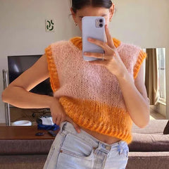 LIZAKOSHT - Fall Hand-knitted Stitching Color Loose Matching Sweater Vest Pink Orange Ladies New Round Neck Versatile Sleeveless Vest