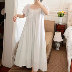 LIZAKOSHT - Cotton Night Dress Vintage Nightgowns Women Summer Puff Sleeve Long Peignoir Victorian Nightdress Princess Sleepwear