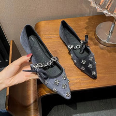 LIZAKOSHT - New Water Diamond Women's Shoes Maryjanes Chain Pointed Shallow Mouth Ballet Flat Shoes Casual Single Shoes