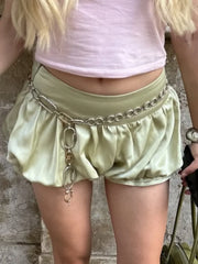 LIZAKOSHT - Lady Chic Satin Bubble Shorts Women Light Green Chain Trim High-waist Casual Street Vacation Bottoms Summer Outing Pants
