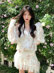 LIZAKOSHT  -  Japanese Kawaii 2 Piece Skirt Sets Women Casual Y2k Thin Floral Blouse + Short Skirts Beach Style Elegant Korean Fashion Suits