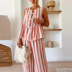 LIZAKOSHT - Women Ruffles Patchwork 2Pcs Set Female Outfits 2025 Casual Striped Print Tie-up Blouse&Wide Leg Pants Vacation Outfit Casual