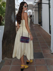 LIZAKOSHT - Sexy Patchwork Pleated Women Sling Dress Elegant Sleeveless Backless Midi A-line Dresses 2024 Summer Lady Slim Street Robes