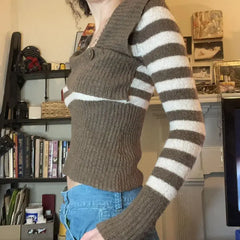 LIZAKOSHT - Sweater Contrast Striped Diagonal Collar American Retro Female Slim Slim Hot Girl Sweater Short Coat Tide