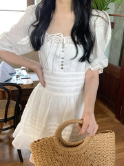 LIZAKOSHT  -   Summer French Vintage Dress Women Elegant Hollow Out Mini Dress Solid Lace Puff Sleeve One Piece Dress Korean Beach Style