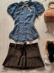 LIZAKOSHT  -  Y2k 2 Piece Set Polka Dot Tshirt Slim Bow Sweet Short Sleeve Harajuku Goth Punk Korea High Waist Mini Skirt 2000s Summer Vintage